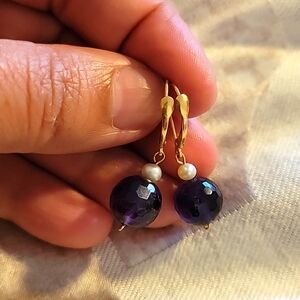 Elegant 14K Yellow Gold Amethyst & Pearl Drop Earrings